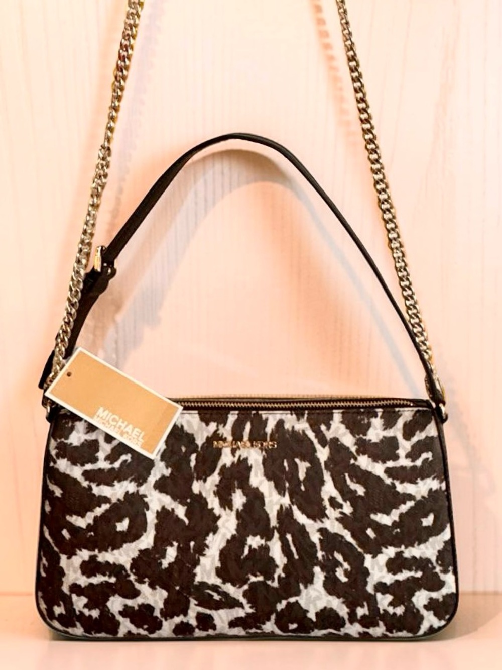 Michael Kors brown & cream Iconic Leopard Print Shoulder Bag leather accents